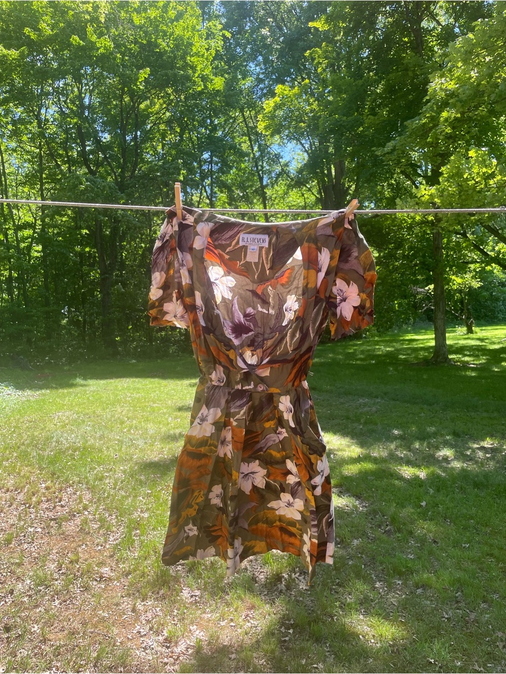 Vintage Tropical Floral Short Dress - Olive, Brown & White